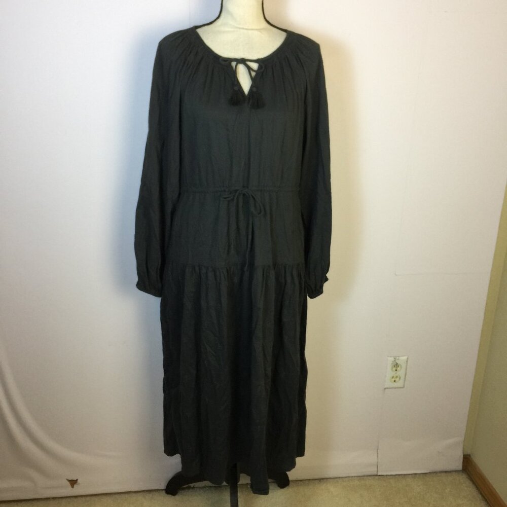 Old Navy Midi Dress Sz M Woman Gray Embroidered Tiered Cinched Waist Boho Pocket